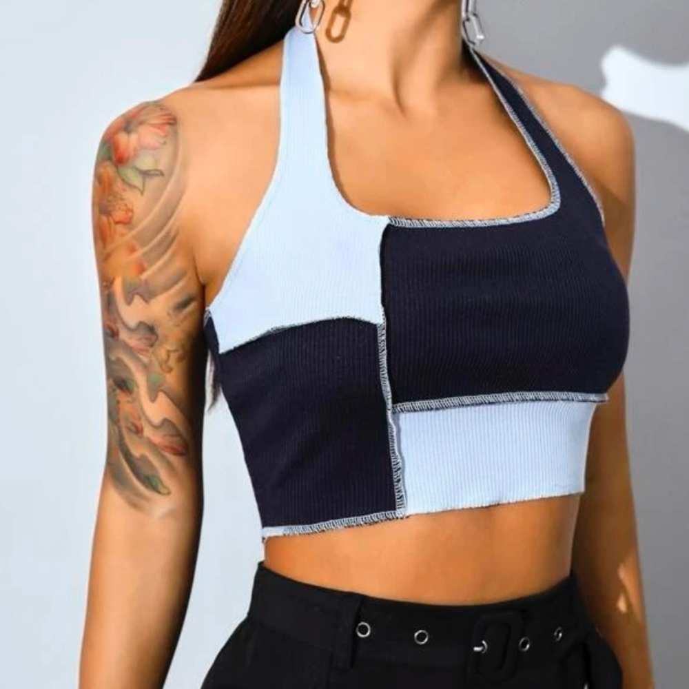 Contrast Stitch Two Tone Halter Top